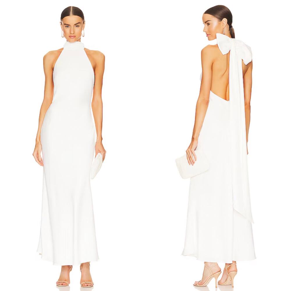 MISHA COLLECTION White Halter Maxi Dress with Back Bow